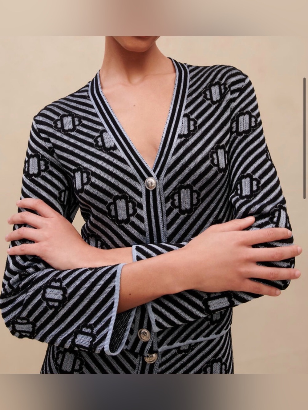 Maje - Blue &  Metallic
Knit Cardigan W/ Silver
Buttons-Sz 2 (Medium)